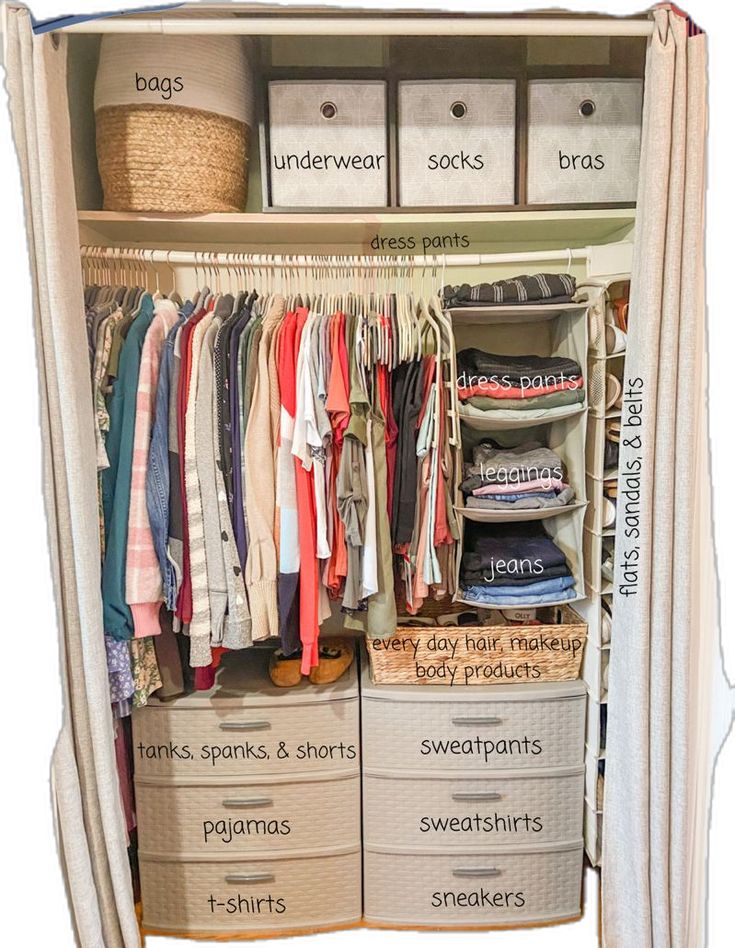 an organized closet with clothes and other items