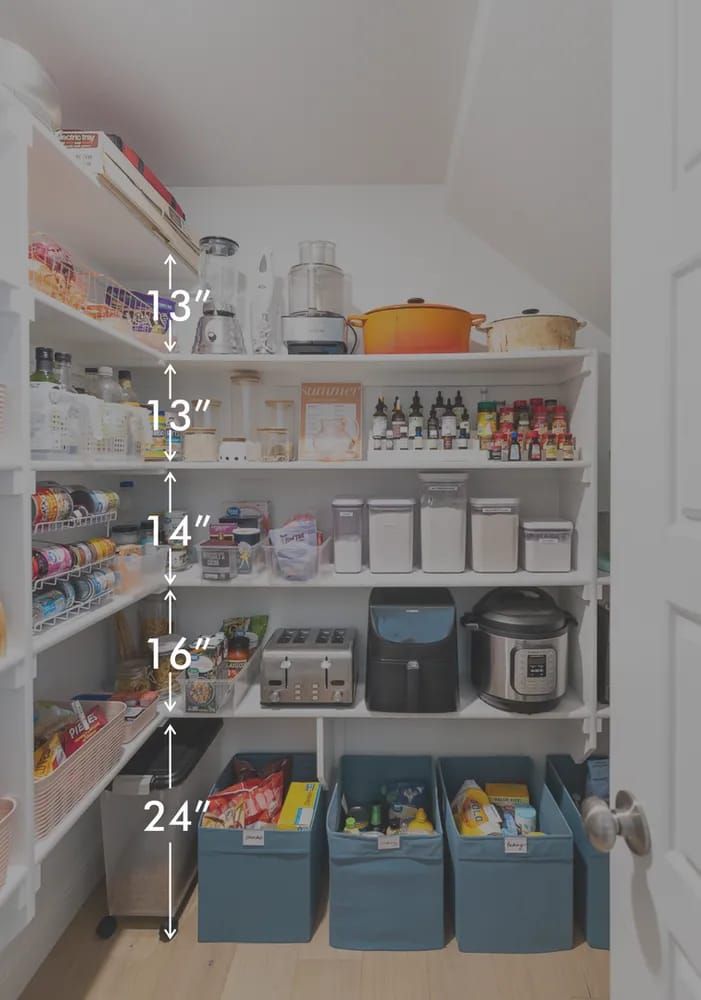 an organized pantry with bins, containers and food items labeled in the bottom right corner