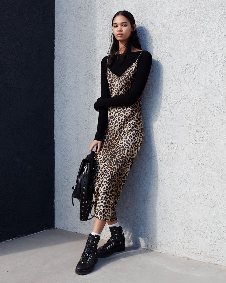 Black Shirt Under Dress, Long Dress Casual Winter, Long Dress With Shirt Over Outfit, Dress And Long Sleeve Shirt Under, Leopard Print Dress Outfit Winter, Dress Over T Shirt, Long Sleeve Shirt Under Dress, Long Sleeve Under Dress Outfits, Slip Dress With Tshirt