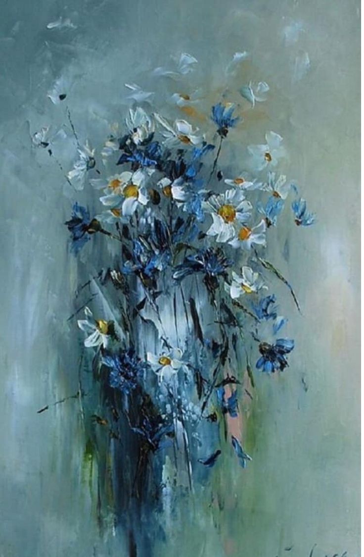 a painting of blue and white flowers in a vase