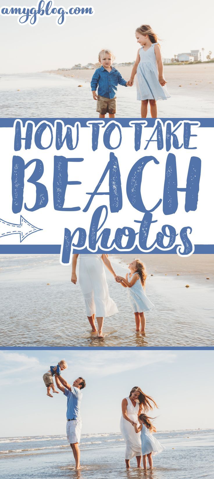 three photos with the words how to take beach photos in blue, white and grey