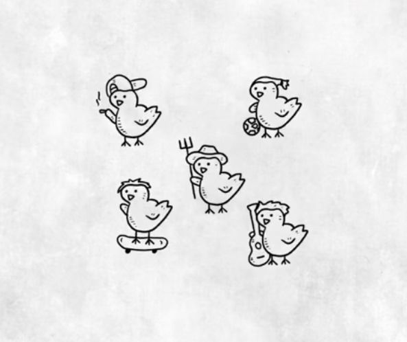 four birds are standing in the middle of a white paper with black ink on it