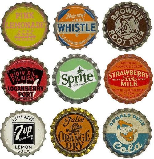 four different types of soda bottle caps with the words, pink lemonade, whistle and locanberry port