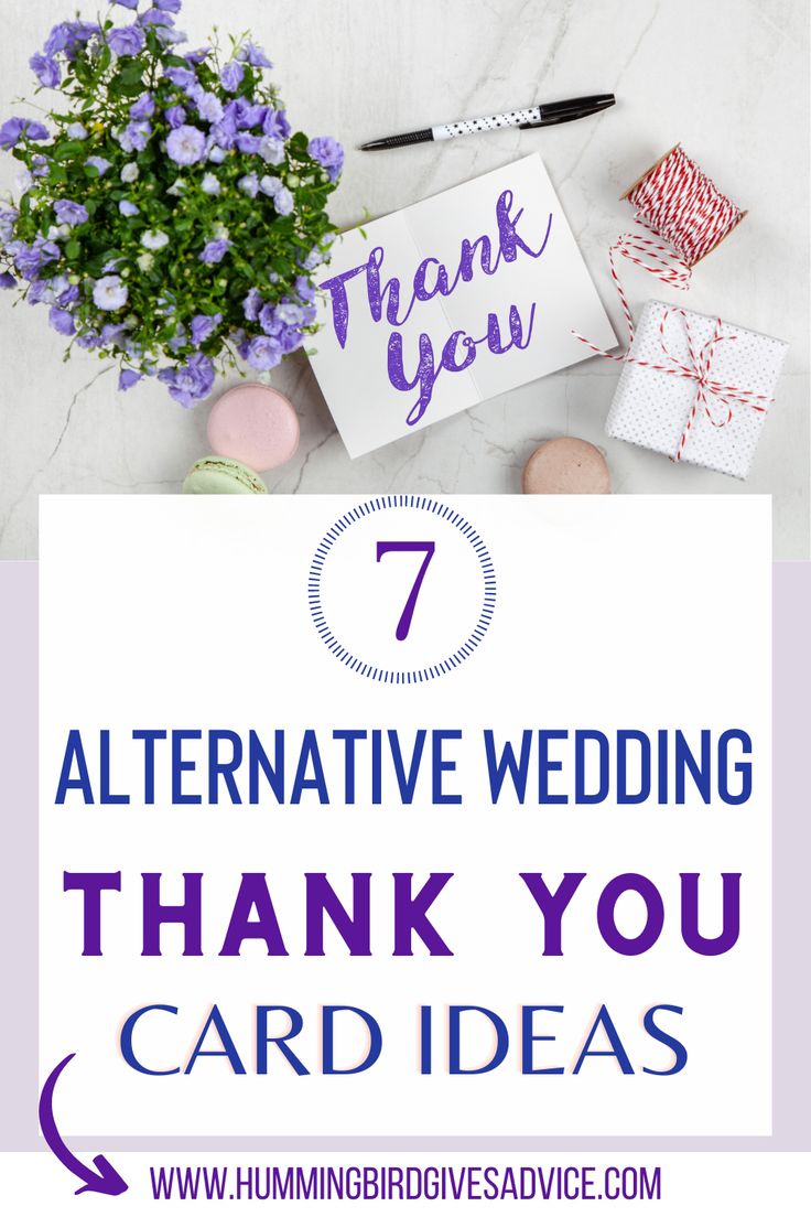 purple flowers and thank cards with the words, 7 alternative wedding thank you card ideas