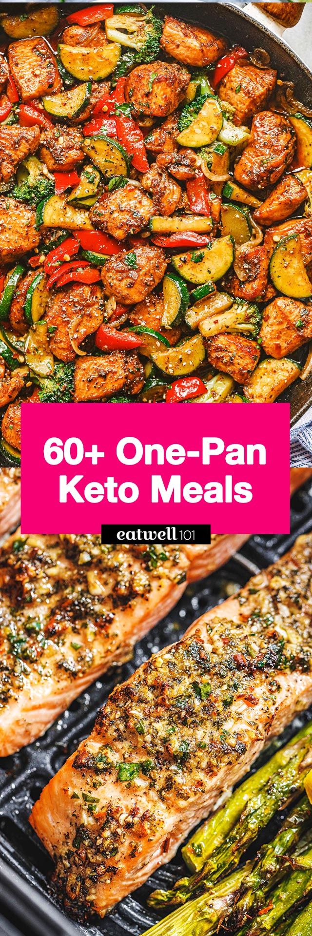 grilled salmon and vegetables with text overlay that reads 60 + one - pan keto meals