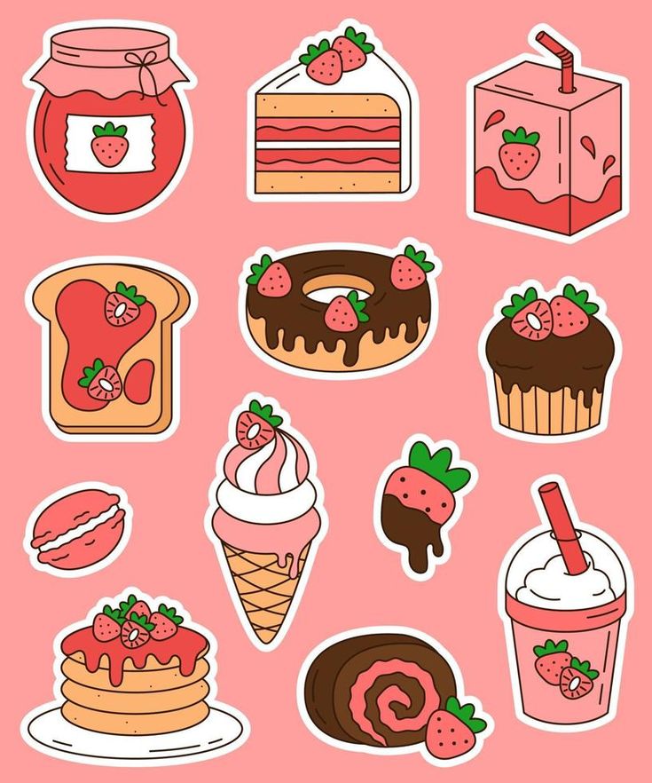 Cute sticker set with strawberry desserts and drinks isolated on white background. Dessert Stickers, Bujo Stickers, Food Doodles, 귀여운 음식 그림, Cute Easy Doodles, Drink Stickers, Cute Laptop Stickers, Arte Van Gogh, Stickers Kawaii