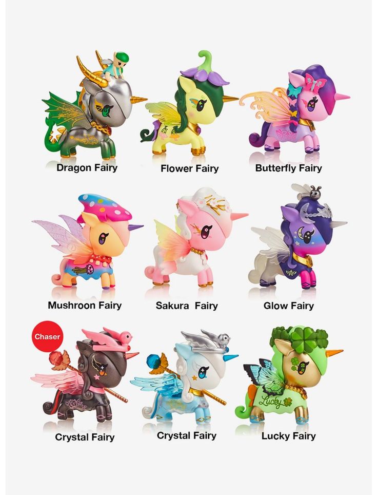 the different types of toys are shown in this image, including unicorns and dragon figurines