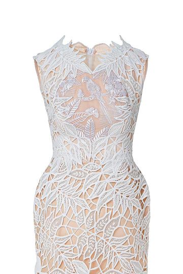 Naomi Pencil Sleeveless Lace Midi Dress | MEAN BLVD Sleeveless Fitted Lace Dress For Evening, Fitted Sleeveless Lace Dress For Evening, Formal Sleeveless Midi Dress With Sheer Bodice, White Lace Midi Dress For Gala, White Lace Midi Dress For Gala Events, Sleeveless Scalloped Lace Mini Dress For Cocktail, Feminine Sleeveless Lace Dress For Evening, Elegant Sleeveless Mini Dress With Lace Trim, Elegant Lace Bodycon Midi Dress