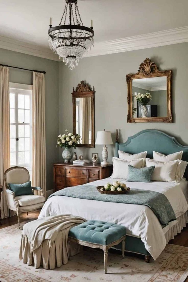 a bed sitting in a bedroom next to a chandelier above a table with flowers on it