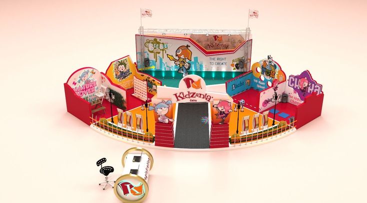 an amusement park with rides, games and accessories on display in front of a pink background