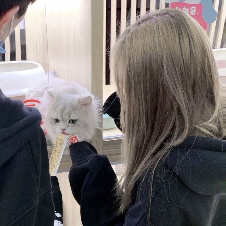 a woman holding a white cat in front of a man who is measuring it with a tape