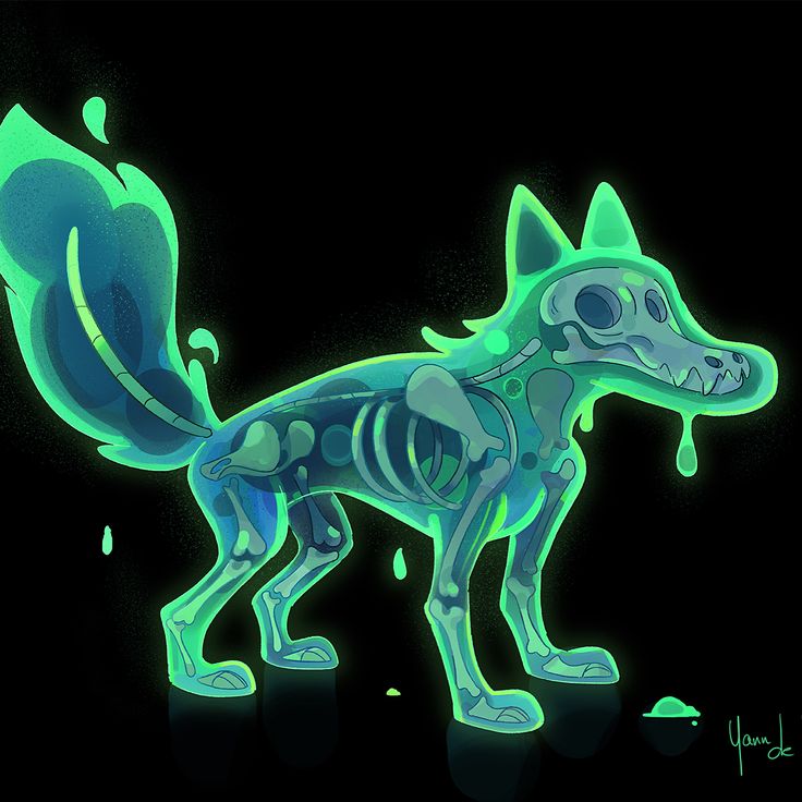 a digital painting of a dog in neon green and blue colors on a black background