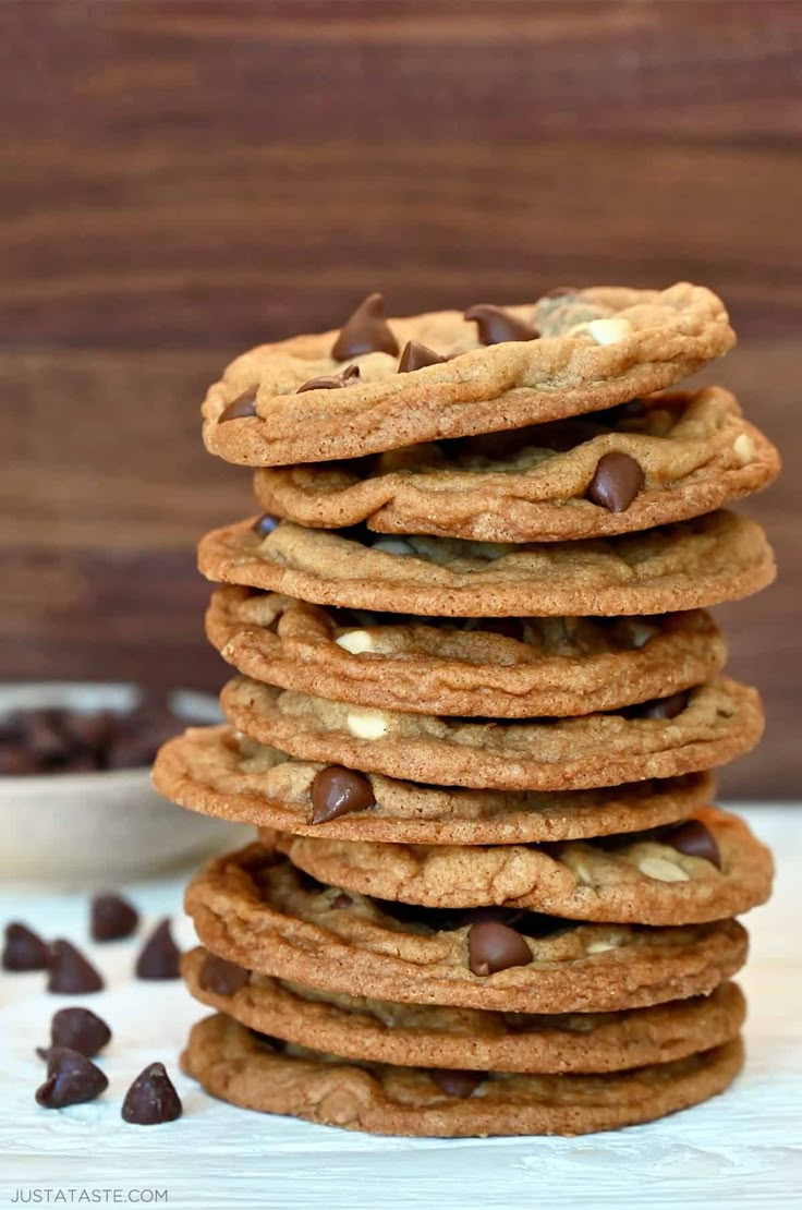 chocolate chip cookies stacked on top of each other