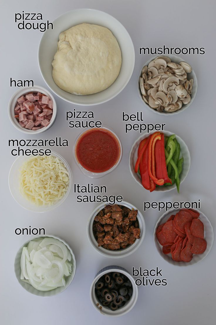 the ingredients for pizza dough are shown in bowls and labeled with different types of toppings