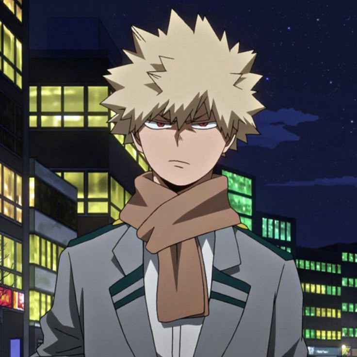 an anime character standing in front of a cityscape at night with his eyes closed