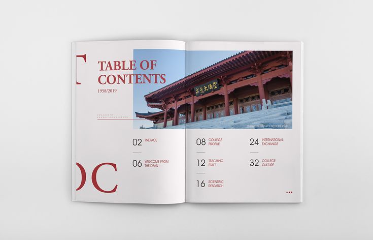 an open magazine showing the contents of a table of contents, with red lettering on it