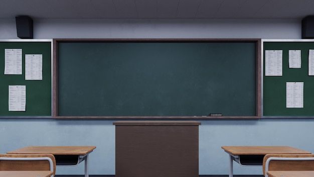 an empty classroom with two desks and a chalkboard