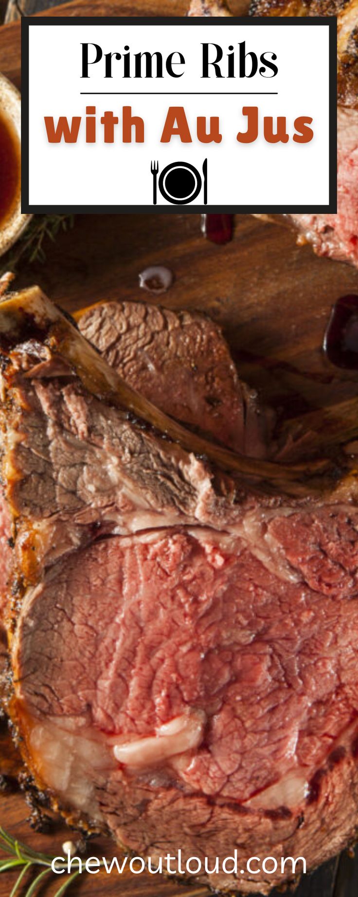 prime ribs with au jus on a cutting board