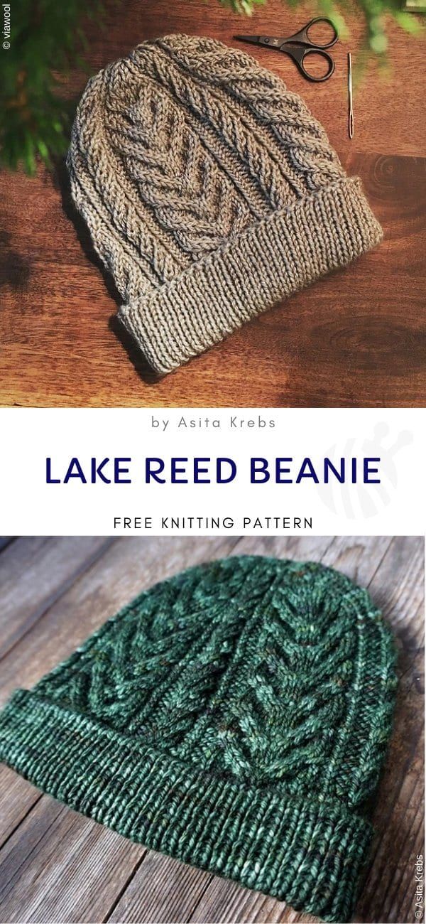 two knitted hats with text that reads lake red beanie free knitting pattern