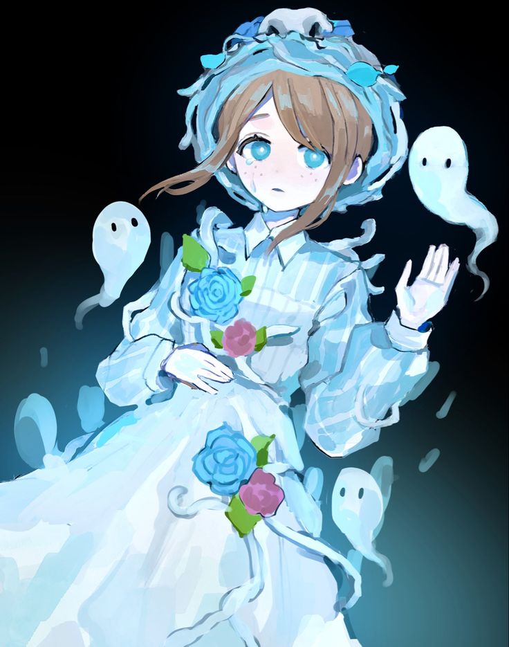 a woman in a white dress with blue flowers on her head and two ghost behind her