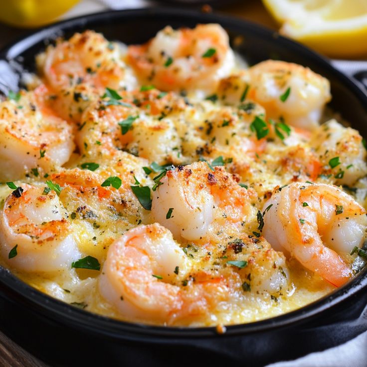 a skillet filled with shrimp and cheese on top of a wooden table next to lemon wedges