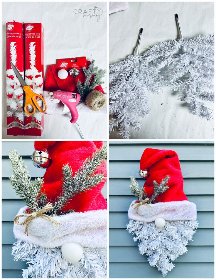 four different pictures of christmas decorations and hats on the side of a house, including santa's sleigh