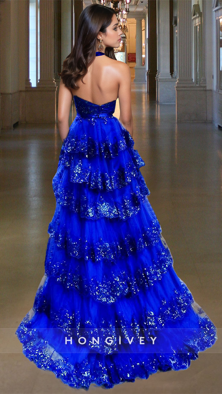 Elevate your formal look with our Blue Tiered Prom Dress from HONGIVEY. This A-Line design boasts sparkling floral accents and elegant straps. The tiered skirt adds dimension and charm to this formal ball gown. Make a statement at your next event and turn heads in this stunning dress. Prom Dress Halter, Sleeveless Prom Dress, Tiered Prom Dress, Homecoming Formal Dresses, Formal Ball Gown, A Line Prom Dress, Royal Blue Prom Dresses, Exude Confidence, Mother Wedding Dress