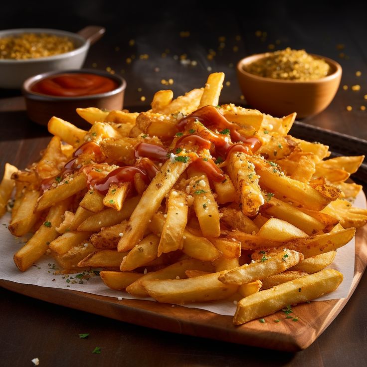 a pile of french fries sitting on top of a cutting board next to dipping sauces