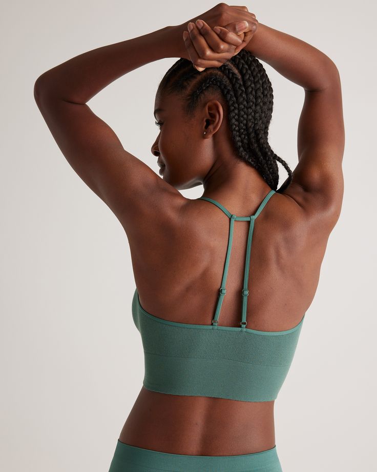 With a barely-there feel, this seamless style smooths and flatters to ensure you're comfortable throughout the day. It is the perfect foundation for any outfit.  | Quince | Women's Comfort Rib T-Back Bralette in Rosemary, Size Large/XL, Nylon/Spandex High Stretch Nylon Seamless Bra, High Stretch Seamless Nylon Bra, Micro-elastic Seamless Tops With Built-in Bra, Seamless High-stretch Nylon Bra, Versatile Supportive Seamless Bra, Versatile Seamless Supportive Bra, Fitted Seamless Yoga Bra, Seamless High Stretch Activewear For Spring, Summer Stretch Seamless Bra