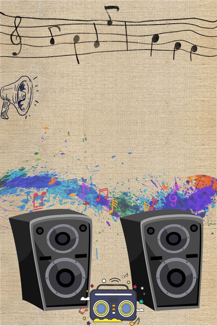 two speakers and a boombox with musical notes in the background on an old piece of paper