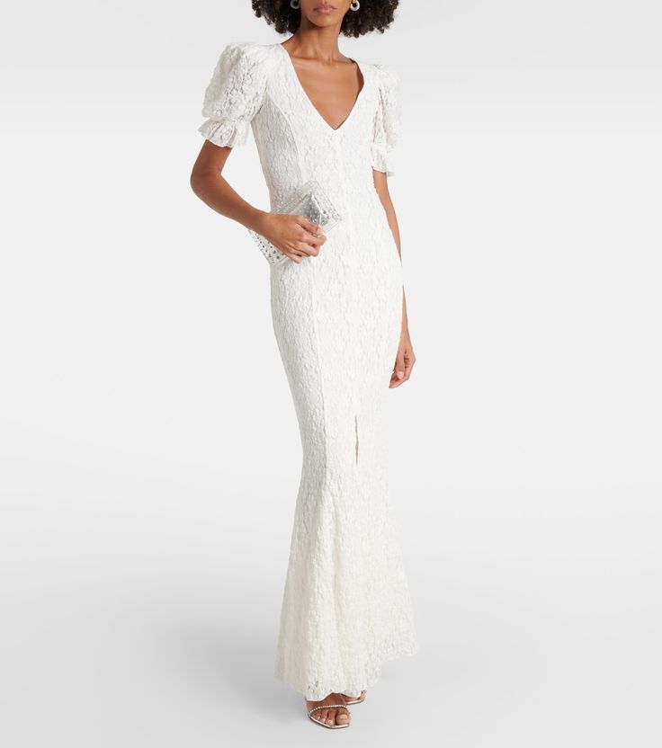 Bridal puff-sleeve lace maxi dress in beige - Rotate | Mytheresa Bridal Puff Sleeve, Rehearsal Dinner Looks, Dinner Looks, Spring Knitwear, Spring Sunglasses, Midi Skirt Spring, Wedding Wardrobe, Alexander Mcqueen Clothing, Birger Christensen