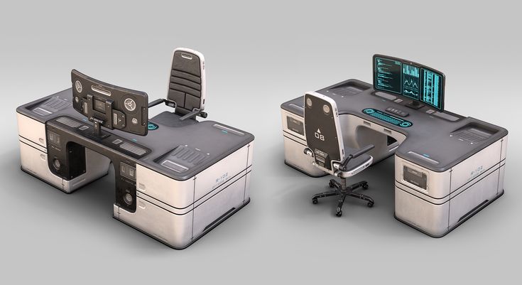 two computer desks with computers on top of them and one sitting at the same desk