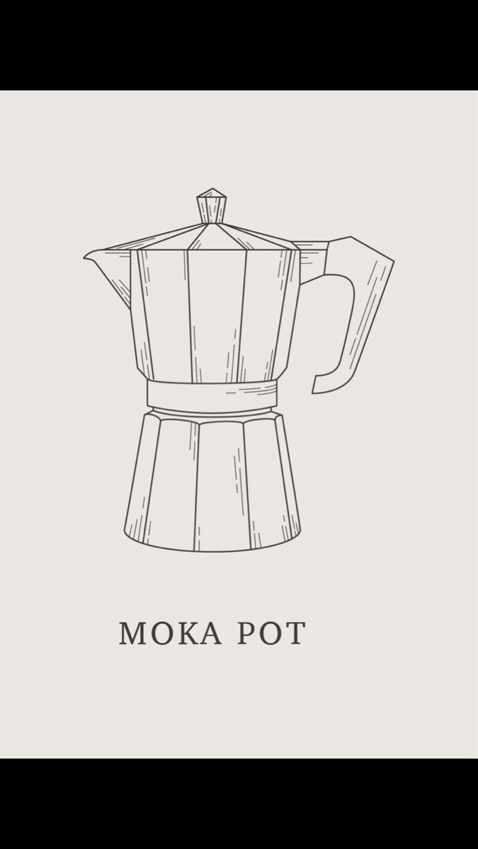 the moka pot is drawn in black ink on a white background with an inscription above it