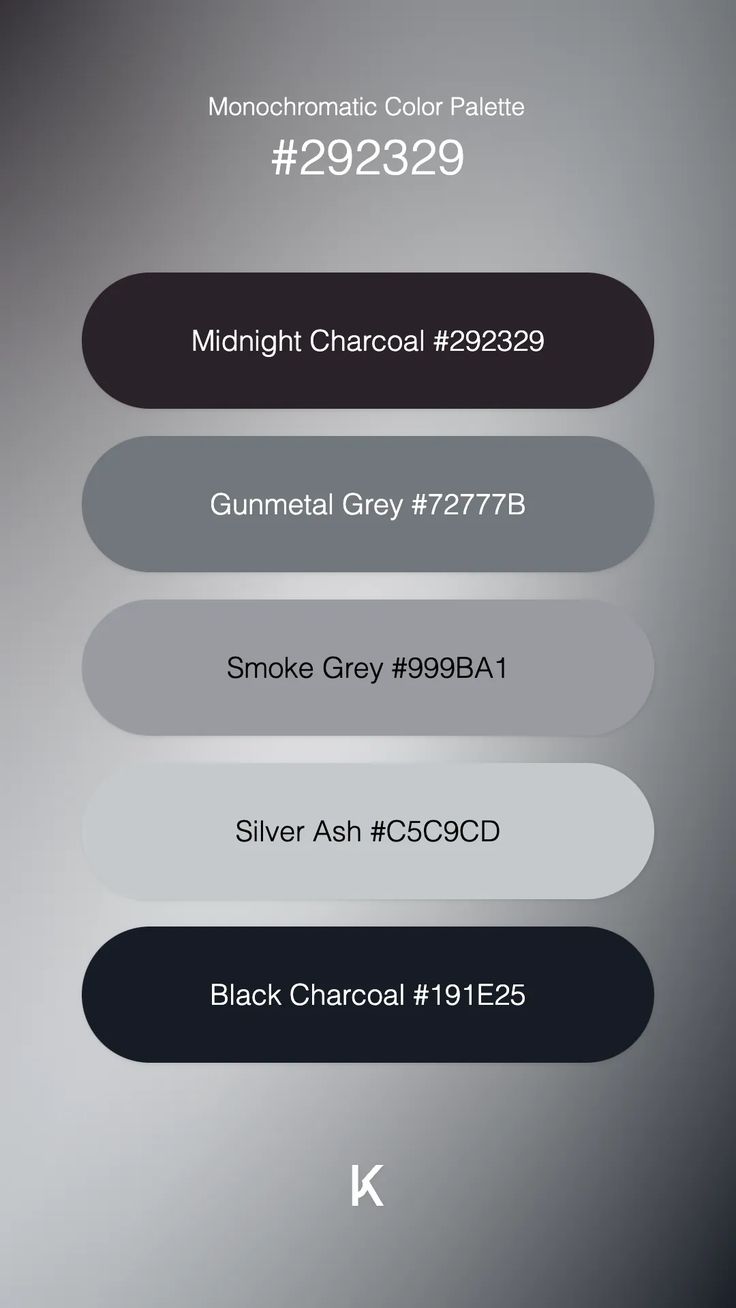 Monochromatic Color Palette Midnight Charcoal #292329 · Gunmetal Grey #72777B · Smoke Grey #999BA1 · Silver Ash #C5C9CD · Black Charcoal #191E25 Pewter Colour Palette, Grey And Black Palette, Black White Silver Color Palette, Gunmetal Color Palette, Charcoal Grey Palette, Platinum Color Palette, Black And Gray Color Palette, Slate Grey Color Palette, Charcoal Gray Color Palette