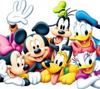 mickey mouse and other cartoon characters are posing for a photo with their heads tilted to the side