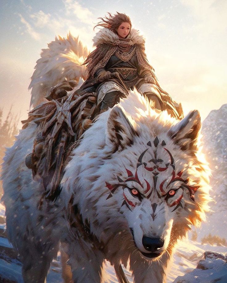 a woman riding on the back of a white wolf