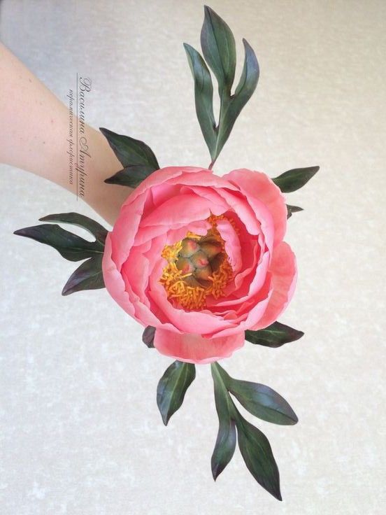 a pink flower with green leaves on it