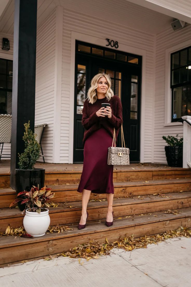 MONOCHROMATIC WORK OUTFITS // MUSE MONDAY Slip Skirt Outfit, Satin Skirt Outfit, Monochromatic Fashion, Burgundy Outfit, Monochromatic Outfit, Boujee Outfits, Mid Summer, Dark Autumn, Pastel Outfit