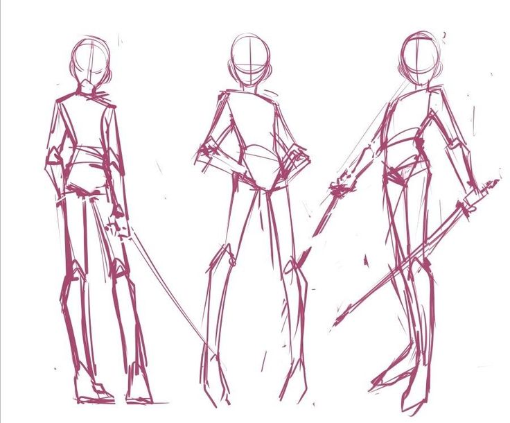 three sketches of people in different poses with one person holding a cane and the other looking at