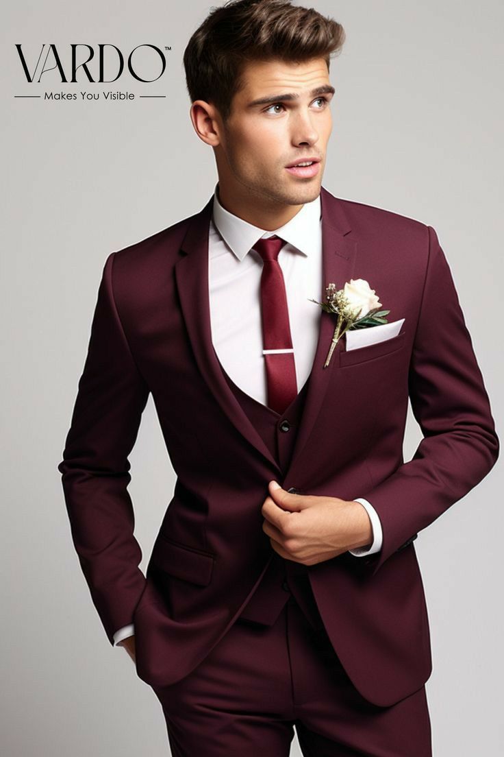 Elegant Red Three-piece Suit For Wedding, Elegant Burgundy Wedding Suits, Classic Burgundy Wedding Suit, Three-piece Fitted Formal Sets, Formal Fitted Three-piece Set, Formal Burgundy Fitted Sets, Formal Fitted Burgundy Set, Elegant Burgundy Wedding Sets, Elegant Burgundy Sets For Wedding