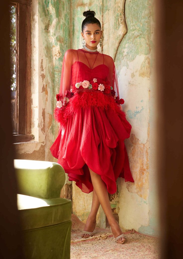 Varun Bahl-Scarlet Red Corsage Cape And Skirt Set-INDIASPOPUP.COM Festive Organza Dress With Cape Sleeves, Draped Ruffles Evening Set, Draped Ruffles Sets For Evening, Draped Ruffle Sets For Evening, Festive Dresses With Pre-draped And Draped Sleeves, Festive Dresses With Pre-draped Sleeves, Festive Pre-draped Dress With Draped Sleeves, Festive Cape Dress With Draped Sleeves, Festive Pre-draped Party Sets