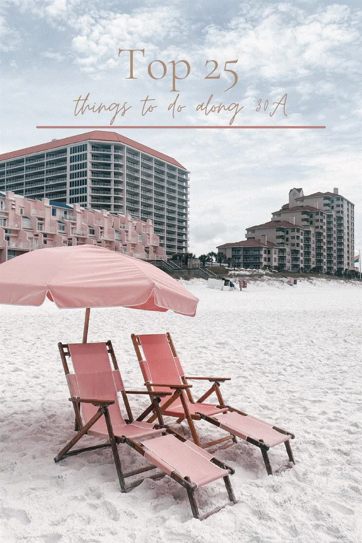 two beach chairs and an umbrella on the sand with buildings in the background that reads top 25 things to do today at