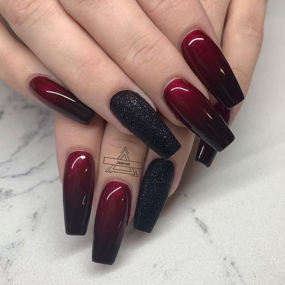 Fall Polygel Nails, Orange And Black Ombre Nails, Red And Black Nail, Japan Nails, Red Black Nails, Black Ombre Nails, Red Ombre Nails, Bridesmaid Stuff, Polygel Nail