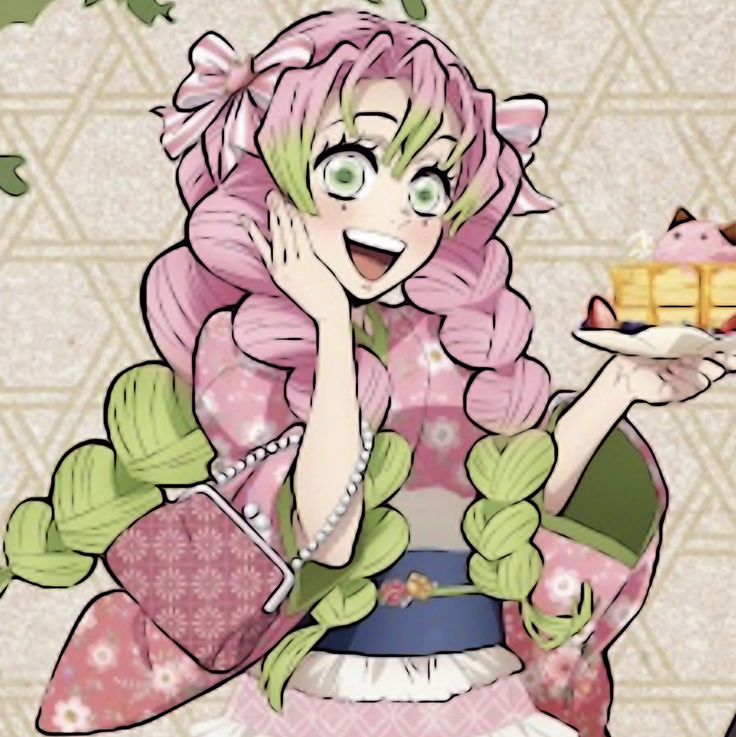 a woman with pink hair and green eyes holding a piece of cake in her hand