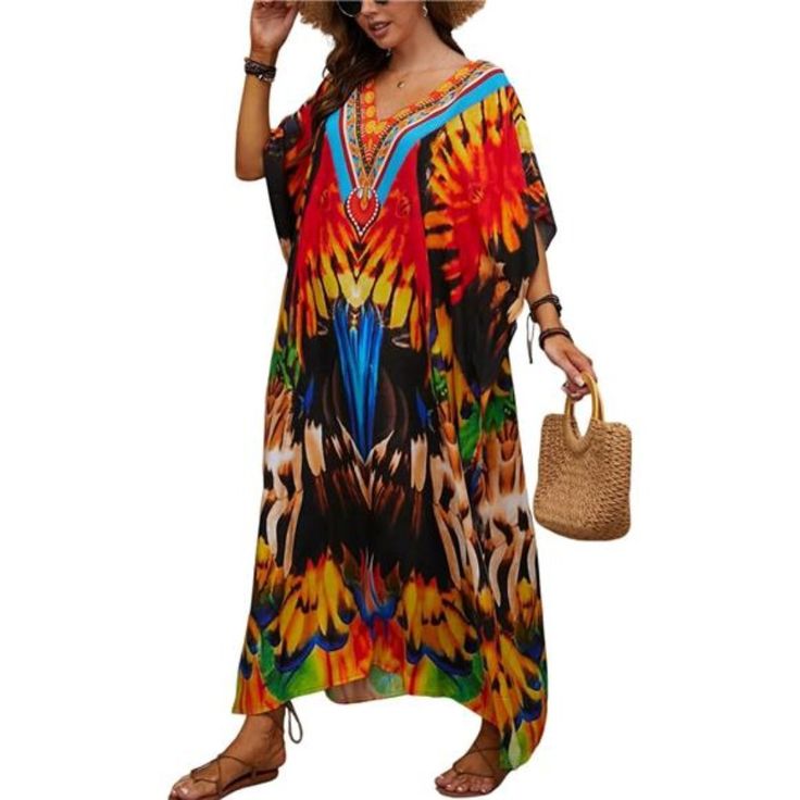 *Versatile Size Options: This Kaftan Maxi Beach Dress Is Suitable For S,M,L,Xl,Xxl,3xl, Bust: 61.0" Length: 53.9" Shoulder: 34.6"Catering To Various Body Types. *Flowing Kaftan Design: Featuring An Elegant Kaftan-Style Design, It Exudes Charm Whether You're At The Beach Or On Vacation. Its Maximum Length Provides Ample Coverage And Protection While Maintaining A Light And Airy Feel. *High-Quality Synthetic Silk Fabric: Crafted From Lightweight Synthetic Silk Fabric, This Moomoo Dress For Women E Multicolor Print Dresses For Vacation, Multicolor Print Vacation Dresses, Multicolor V-neck Maxi Dress For Beach, Multicolor V-neck Beach Dress For Vacation, Vibrant Multicolor Print Dresses For The Beach, Vibrant Multicolor Print Dresses For Beach, Vibrant Multicolor Print Beach Dresses, Colorful Pattern Dresses For Beach Vacation, Colorful Patterned Dress For Beach Vacation