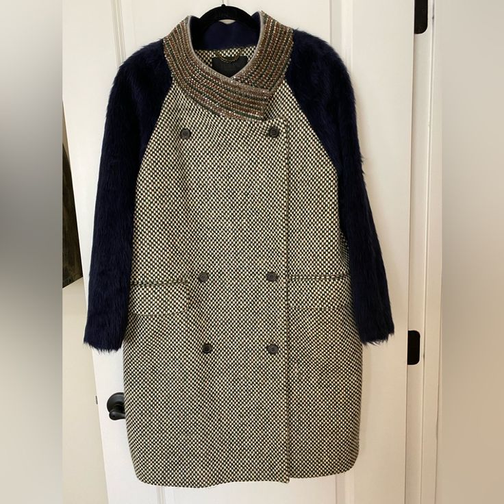 This J Crew Coat Is Very Beautiful And Has A Great Weight To It. It Is 100% Virgin Wool Double Breasted, Flap Pockets With A Jeweled Collar. Fully Lined . This Coat Is New And Has Never Been Worn. The Colors On This Coat Are Are Beautiful, With Greens, Cream And Burgundy Tweed With Bark Blue Alpaca Sleeves. Designer Tweed Outerwear For Work, Designer Winter Tweed Jacket, J Crew Coat, Alpaca Coat, Jeweled Collar, J Crew Collection, Jcrew Collection, Alpaca, Double Breasted