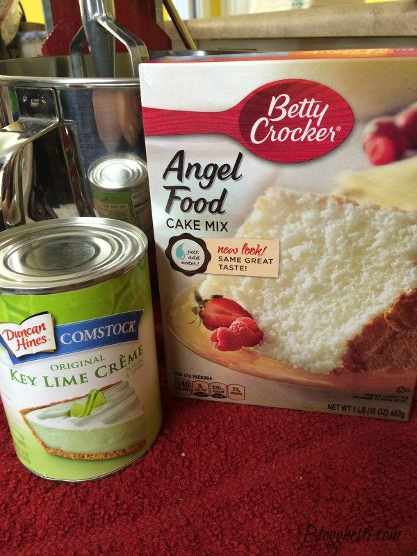 a can of angel food cake mix next to a package of betty crockers