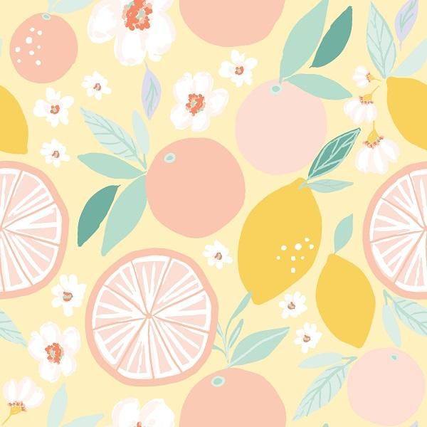 an orange and lemon pattern is shown on a light yellow background with white flowers, leaves, and branches