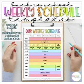 the weekly schedule is displayed on a clipboard next to two hands holding pencils