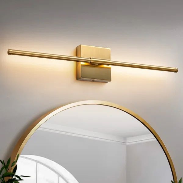 a bathroom light that is on the wall above a mirror and potted plant in front of it